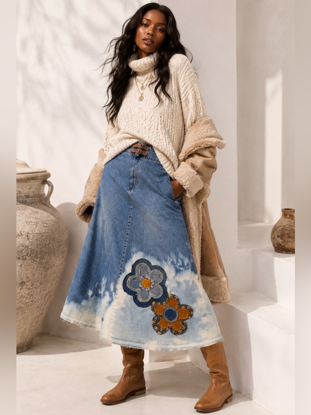 One of a Kind Upcycled Denim Maxi Skirt XL, Handmade Floral Patchwork Jean Skirt